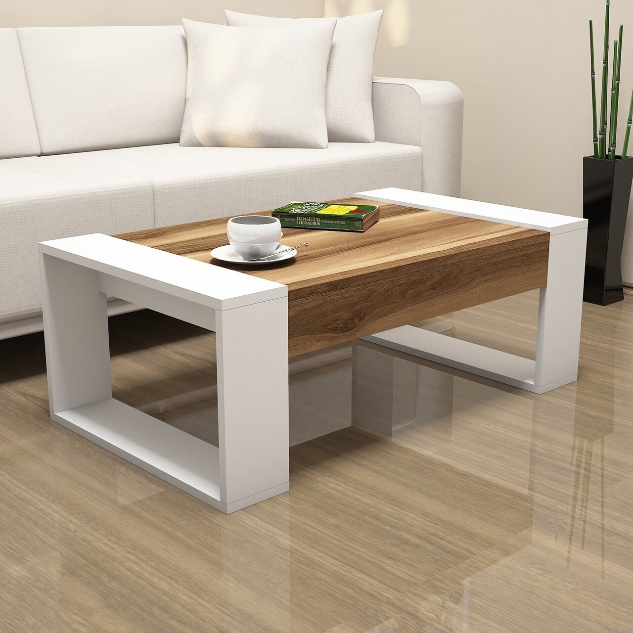 Masuta de cafea Venus Walnut, Hommy Craft, 102x60x38 cm, aluna/alb - imagine 5